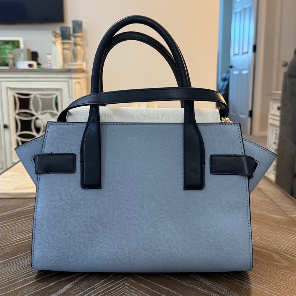 Michael Kors Carmen medium color-block faux saffiano leather belted satchel. - Picture 2 of 16